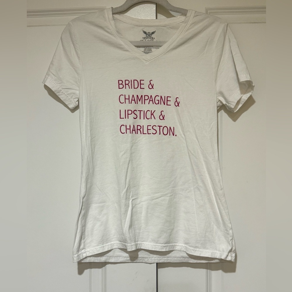 Faded Glory White VโNeck Tee with Pink Graphic Text NWOT